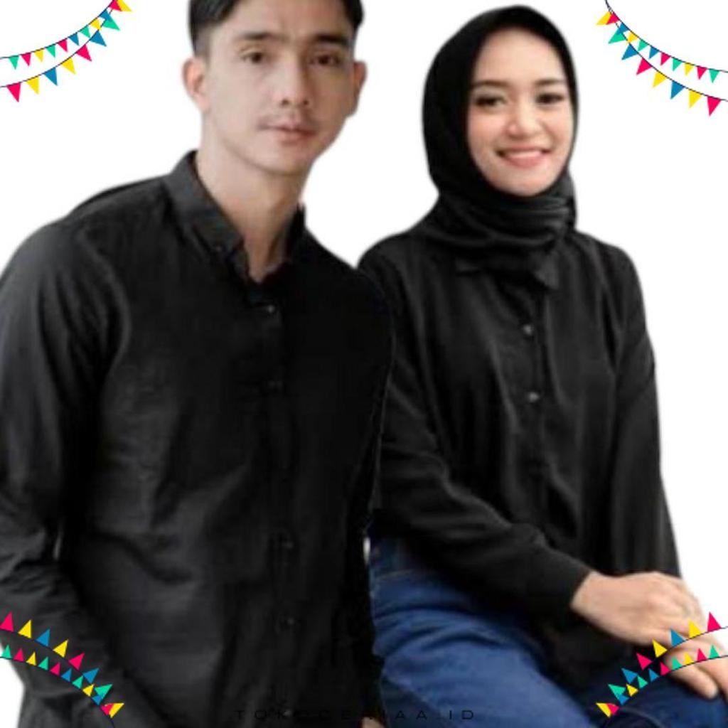 Kemeja Couple Polos Baju Pasangan Wanita Pria Lengan Panjang hitam Diskon Imlek