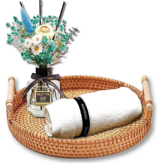 Nampan Rotan Tatakan Makanan Minuman Keranjang Buah Multifungsi with Handle Anti Slip LC