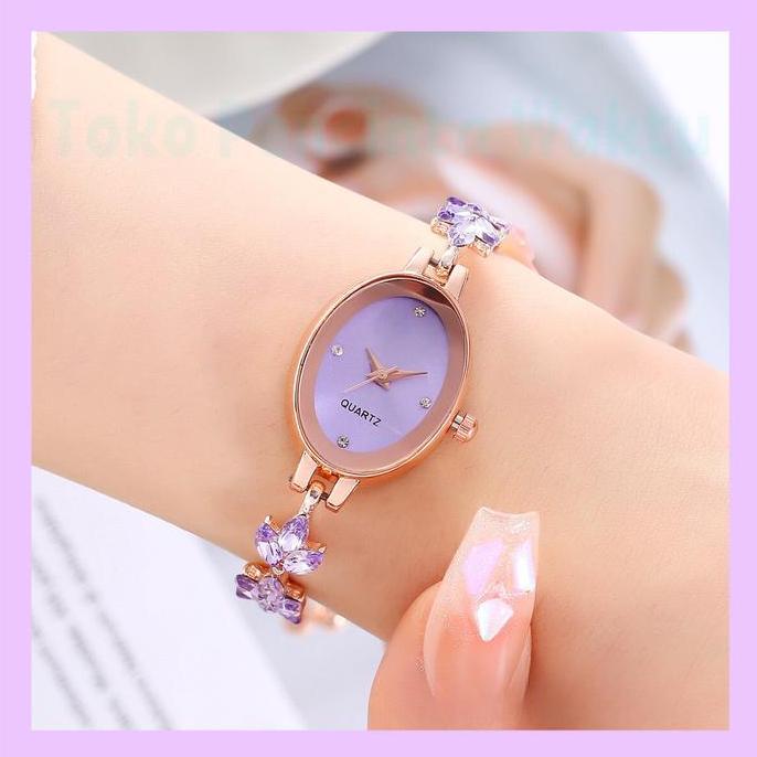 BL122 >> Jam Tangan Wanita Quartz dengan RANTAI SERUT: Tali Oval Mini & BUNGA Desain Terbaru,jam tan