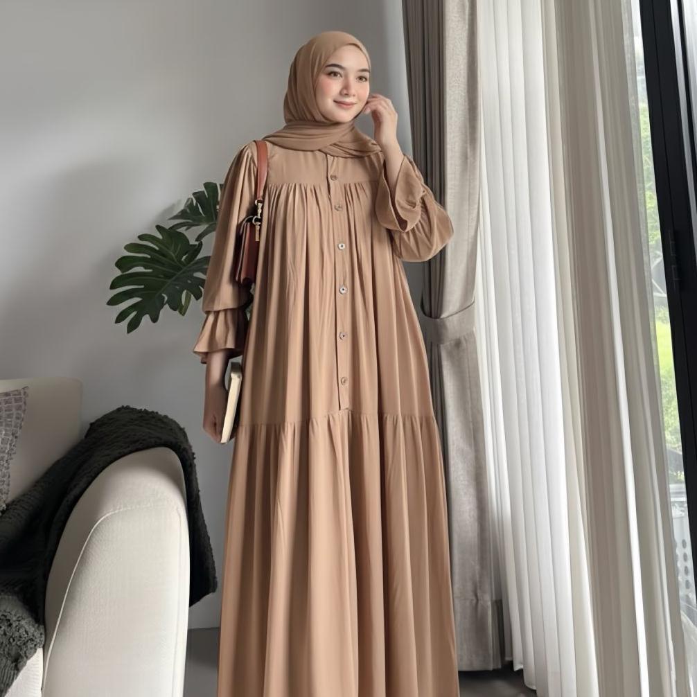 NEW DEALS NAGITA DRESS GAMIS RAYON TWILL - GAMIS LEBARAN MODEL LENGAN BALON KANCING DEPAN BUSUI FRIE