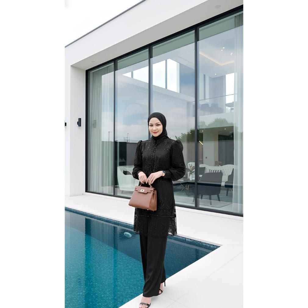 Terbaru Gyo Premium Inner Outer Burgundy Setelan Wanita Sakura One Set Motif Tile Brokat Tunik Pesta