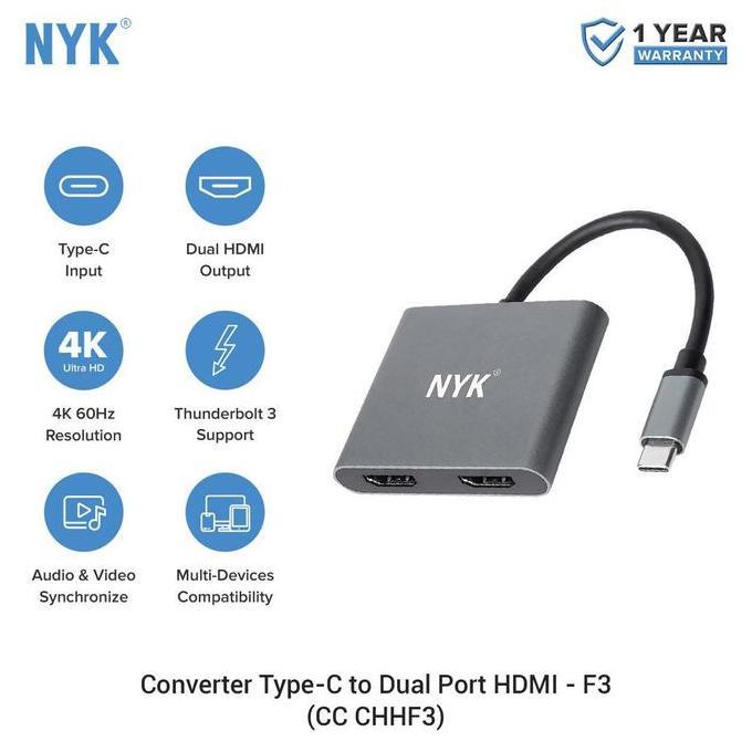 TERBARU - NYK Converter Type C to 2 HDMI Adapter USB C to Dual HDMI - F3