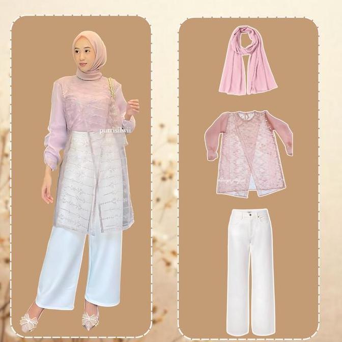 DV127 >> Qiriya Oneset Outfit Elegant Hijab Style OOTD Lebaran Hari Raya (Tunik Silang + Celana + Hi