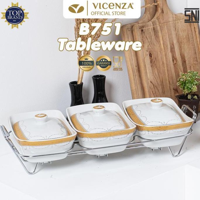 Vicenza Wadah Saji Makanan B751 dengan Rak Besi 3 Wadah 800ml Porselain Motif Padi Lily Camelia Magn