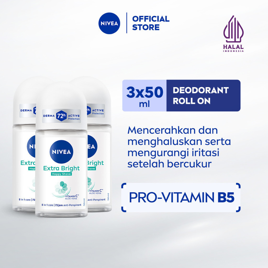 (PAKET HEMAT ISI 3) NIVEA Deodorant Roll On Brightening Happy Shave 50ml - Deodoran wanita mencerahk