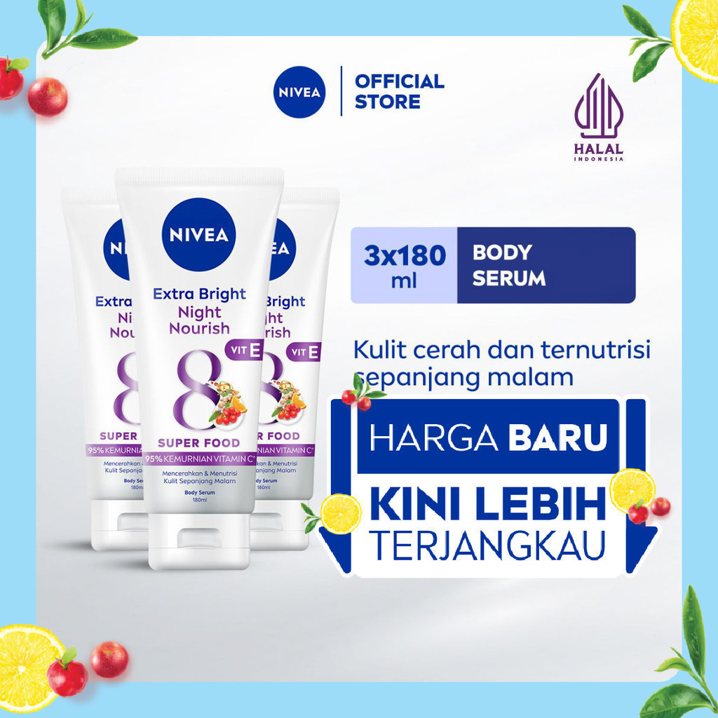(PAKET HEMAT ISI 3) NIVEA Body Serum Extra Bright Night Nourish Vit E 180ml - Hand body serum moistu