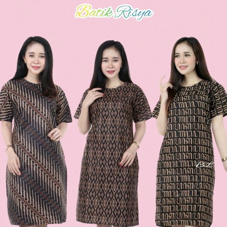 DISKON BESAR BAJU SIZE JUMBO DRESS BATIK WANITA JUMBO XXXXL / 4L LENGAN PENDEK MOTIF AKSARA JAWA HIT