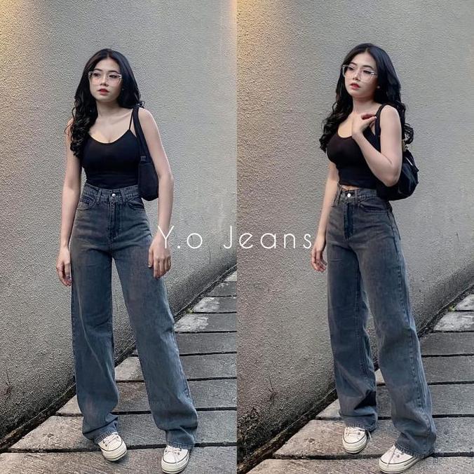 AI179 }} CELANA JEANS WANITA KULOT BF PANJANG SNOW BLACK NON STRICH LOOSE nyaman tebal