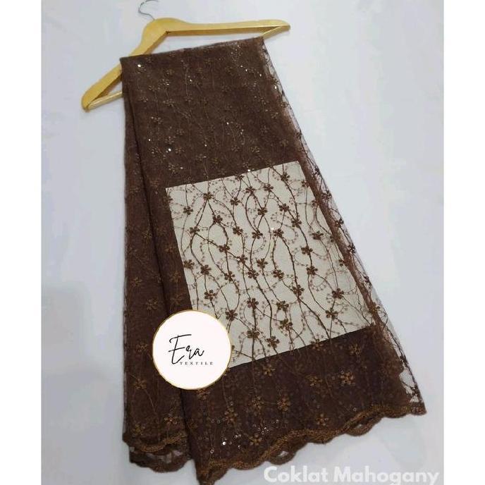 LA2 }} Kain Brokat Tile Spangle warna Coklat Mahogany Premium Elegant - Kain Tulle Spangel Meteran M