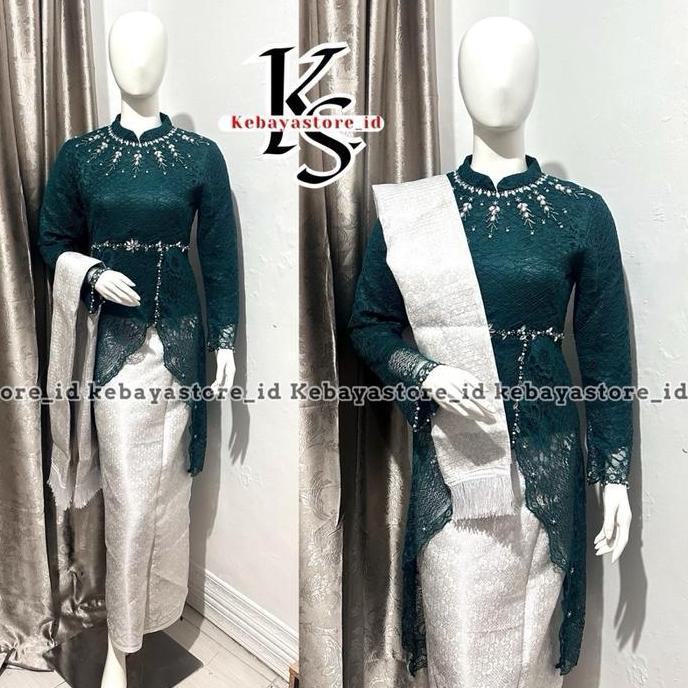 MD52 }} Setelan Kebaya Brokat Kejora Payet Mewaah Mix Rok Songket - Kebaya Wisuda Brokat - Atasan Ke