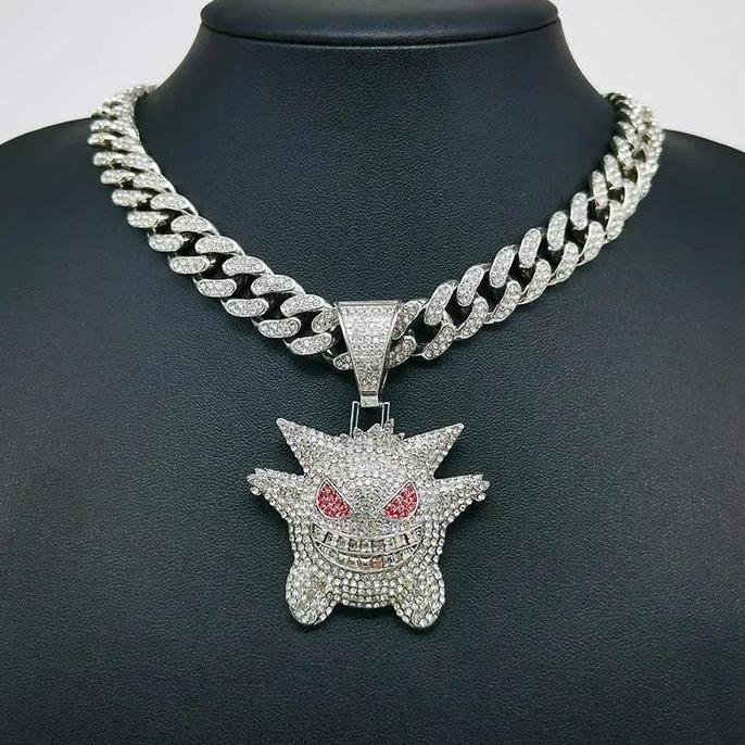 Kalung Hip Hop Punk Rantai Cuban Berlian Penuh Kalung Paduan Liontin Ghost Gang Anime Pokemon untuk 
