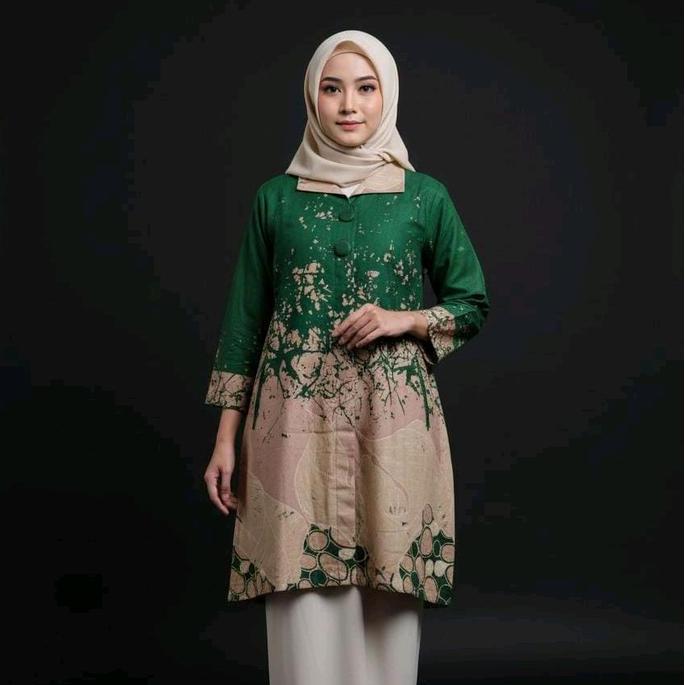 Promo Batik Tunik Wanita Couple Bahan Katun Solo Premium Motif Tulip Hijau Botol Cod