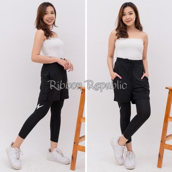 PROMO - Celana Pendek 2in1 Legging Panjang Olahraga Wanita Women Double Layer Sport Shorts Gym Fitne
