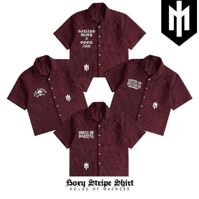 Kemeja STRIPE MAROON Madness Works Workshirt Pria skena Streetwear Premium Oversize