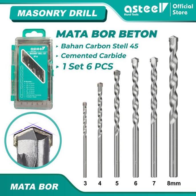Kokok- Asteel Mata Bor Beton Cemented Carbide Set 6Pcs - Mata Bor Tembok Beton Set - Mata Bor Tembok