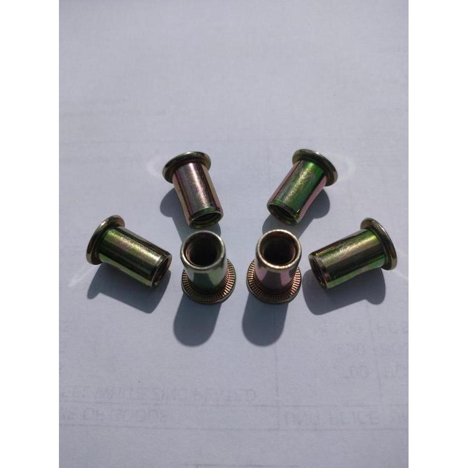 1PACK(100PCS) M6 MUR RIVET BODY POLOS BIBIR TEBAL BESI PLATING KUNING / RIVET NUT ROUND BODY / MUR F