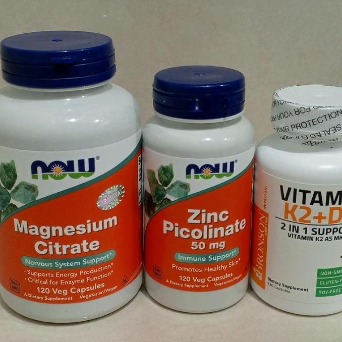 Quatro Formula Ekonomis Bronson D3K2 120 capsules, Magnesium Citrate Now, Zinc Picolinate Now