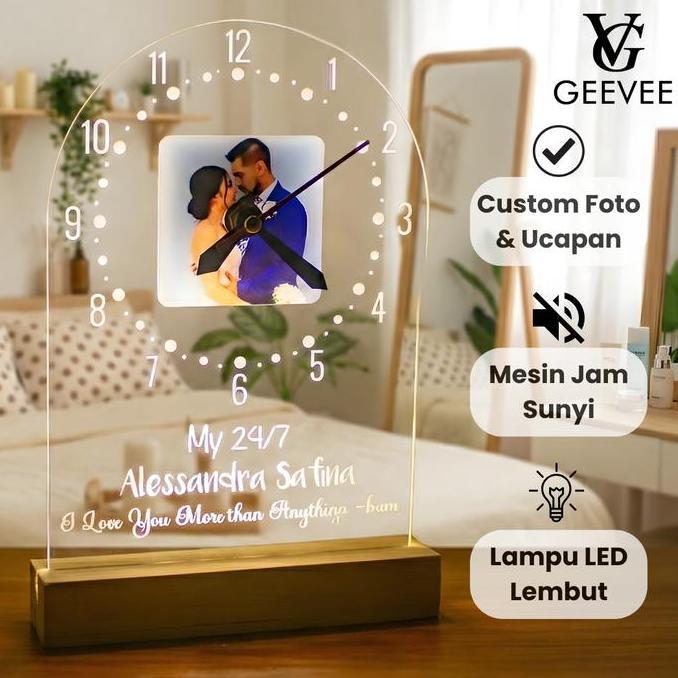 Jam Meja Akrilik Lampu LED Transparant Kado Ulang Tahun Cewek Cowok Custom Foto Hadiah Anniversary U
