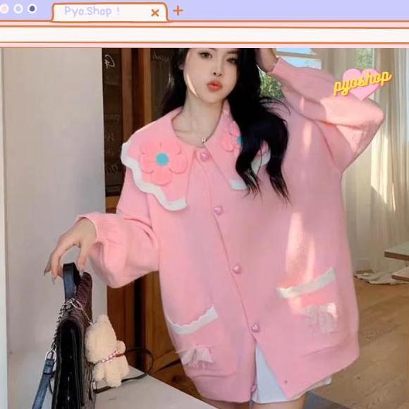 Momi- Pyoshop - Cardigan Oversize Korea Flower Pastel Cute Lengan Panjang Wanita Knitwear