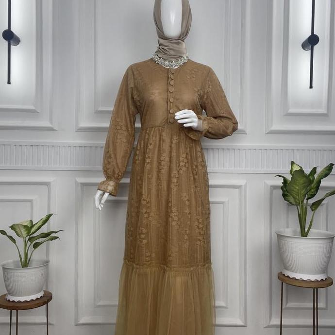Limurfisa  Maxi Dress Muslim Brokat Kombinasi Kancing Tutu Gamis Wanita Pesta Kondangan Mewah Lebara