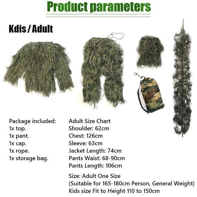 Baju Ghillie Suit Anak Dewasa Setelan Camo Sniper Tactical Hunting Kostum Outdoor Nyaman Untuk Bird 