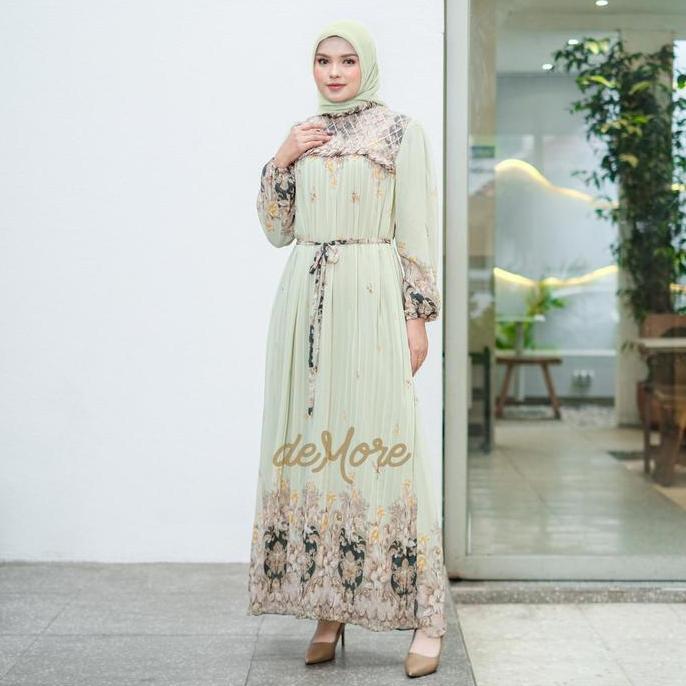 Demore Gamis Kavina Maxi Rempel Pleats Kekinian - Abaya Plisket Elegan Motif Bunga Tabur - Dress Rem