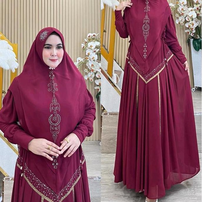Gamis Syari Rempel Pita Mas Set Hijab Mewah