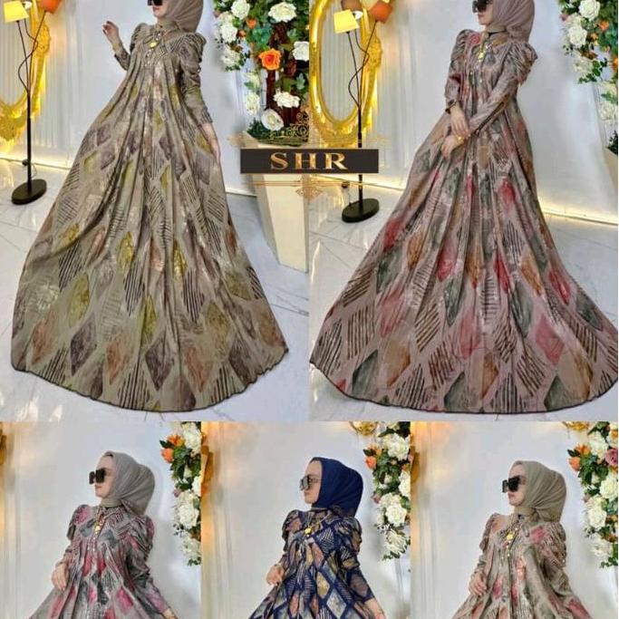 Shr Maxi Dress Jumbo Anyar Aduhay Satin Sutra Printing Muslim Wanita Gamis Panjang Mutiara Midi Resl