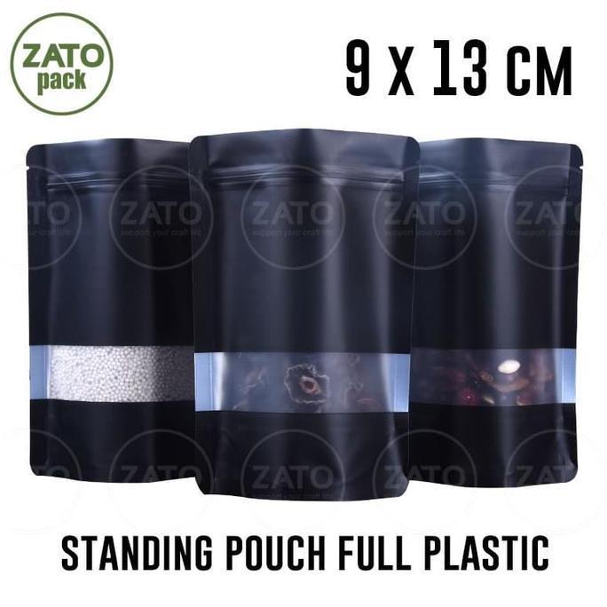 Promo 9x13 - 50 pcs BLACK STANDING POUCH FULL PLASTIC - kemasan packaging bungkus standing pouch ZAT