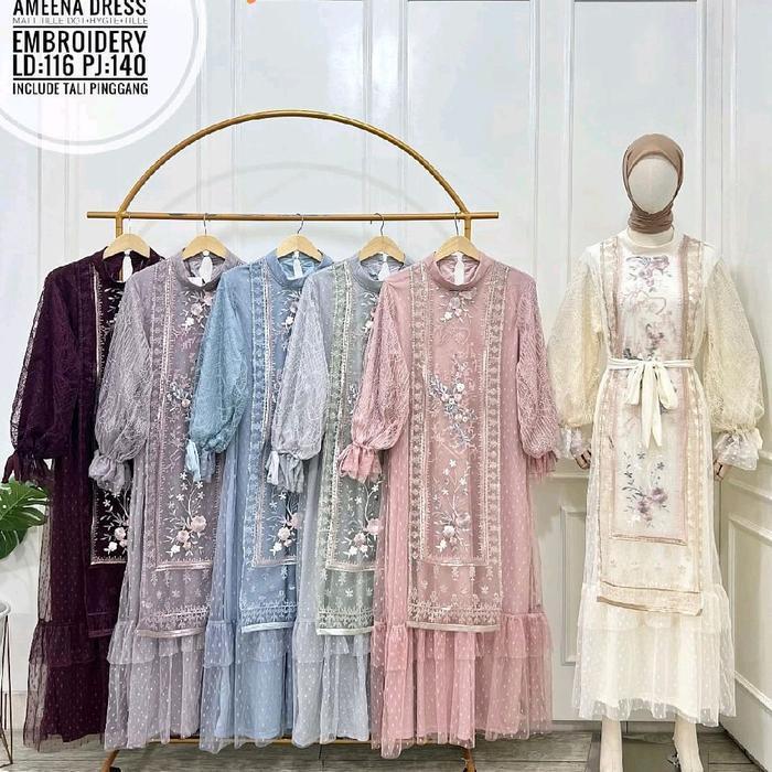 Ameena Dress Tille Bordir LD-116 PJ-140 Gaun Brokat Anggun Mewah dan Feminim untuk Hijabers Elegan L