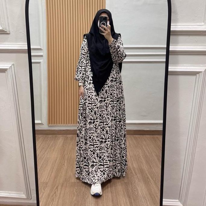 Tania Dress Gamis Rayon Viscose Busui Friendly Tanpa Hijab Manset Karet Tangan Semi Balon