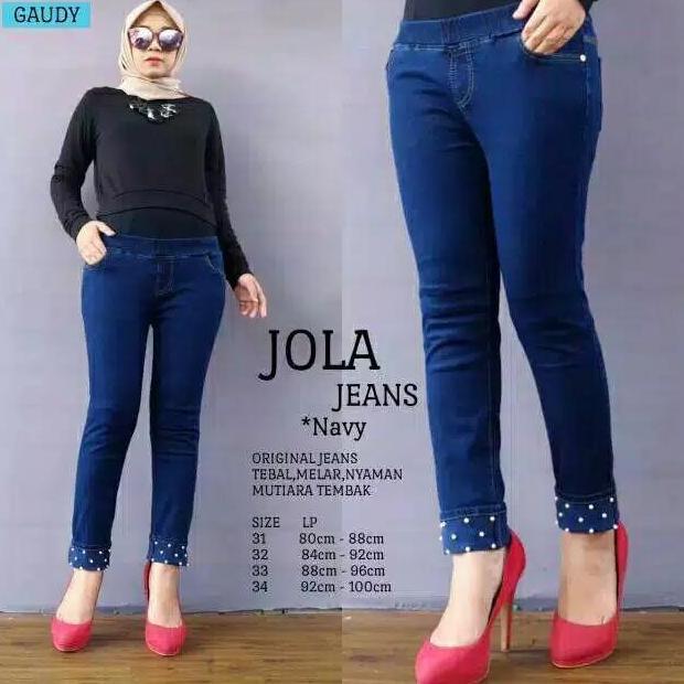 Willply Celana Jeans Wanita Lipat Bawah Mutiara Jeans Pinggang Karet Terbaru Kekinian