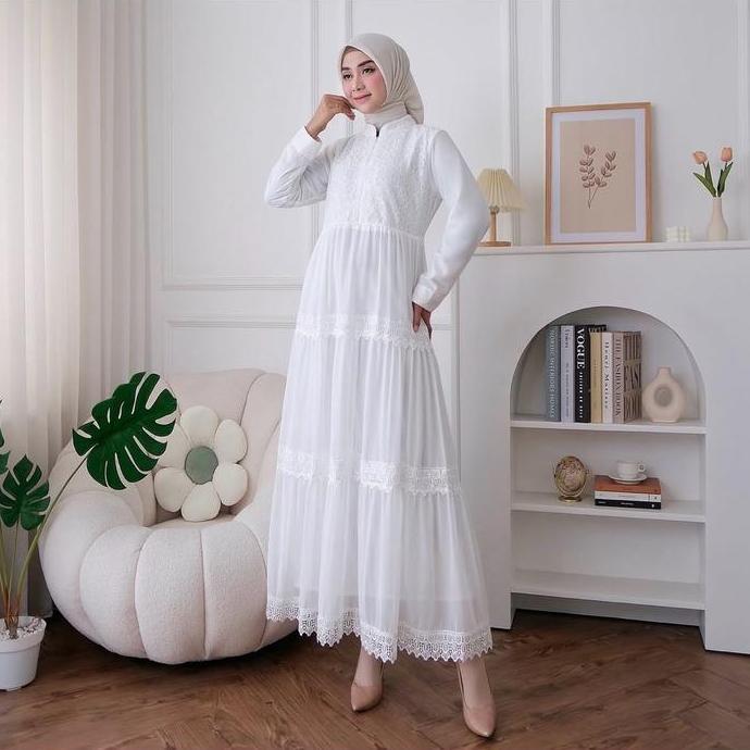 Murah Sakhapremium.id - Gamis Putih Lebaran 2026 Terbaru Dress Muslimah Baju Muslim Wanita Dewasa Ga