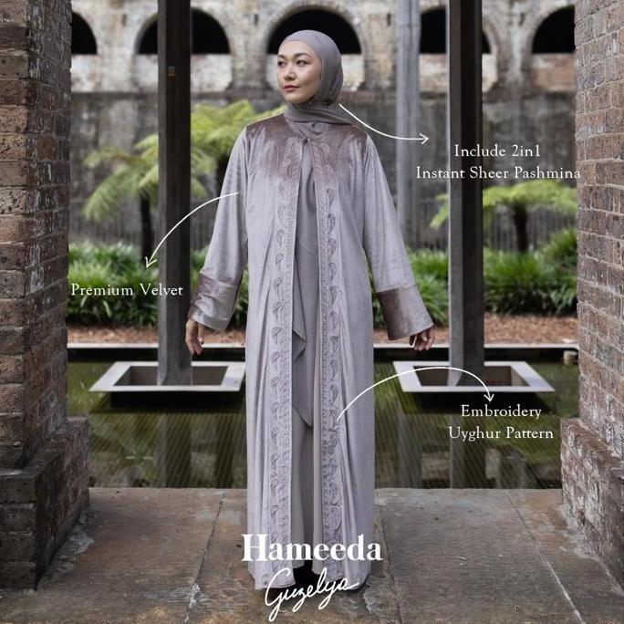 Murah Hameeda x Guzelya - Armor | Velvet Abaya Outer with 2in1 Instant Sheer Pashmina Non COD