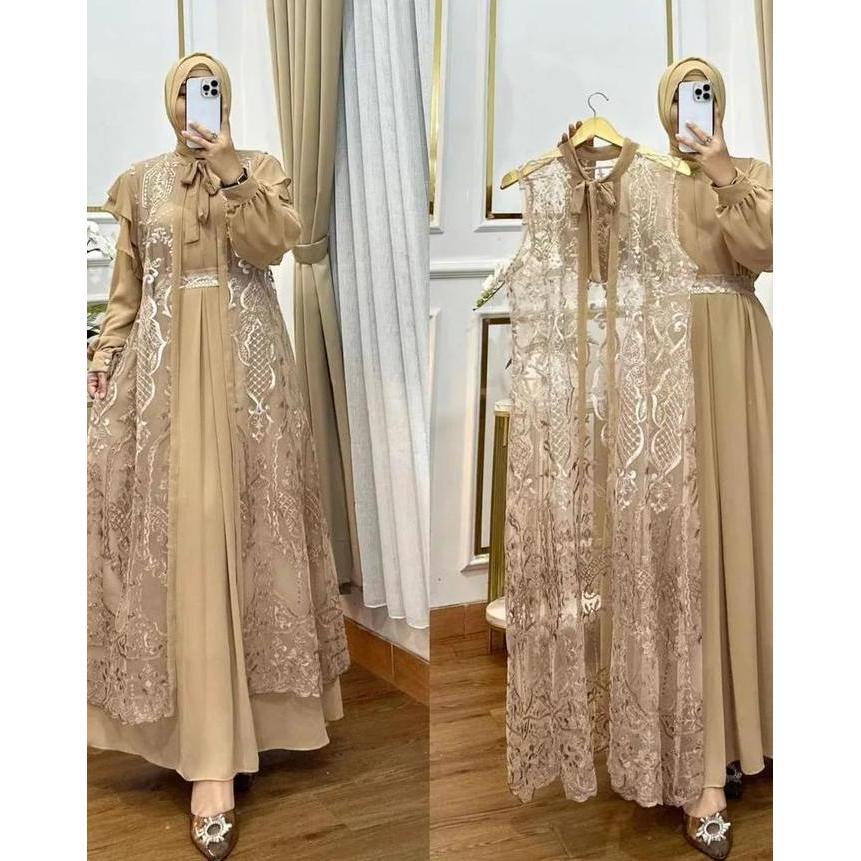 JUAL Baju Gamis Pesta Nafisha Dress Muslim Outer Brukat Ceruty Babydoll Kondangan Wanita Kekinian - 
