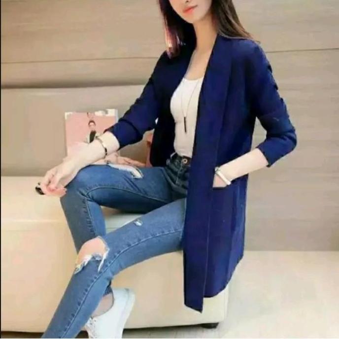 YUK CHECKOUT  cardigan spandek rayon polos wanita korean stayle lengan panjang Polos Hitam Dewasa At