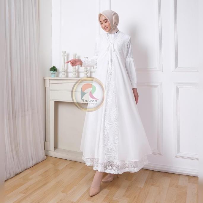 Raisma - Laila Gamis Syar'i Wanita Putih Tulang Lebaran Cantik Dan Elegan Whit Outwear Brokat Ceruti