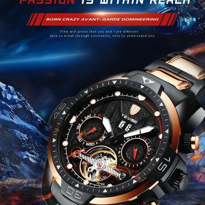 Jam Tangan Pria Eksklusif Full Automatic Tevise Chronograph Tourbillion Original Stainless Steel Tah