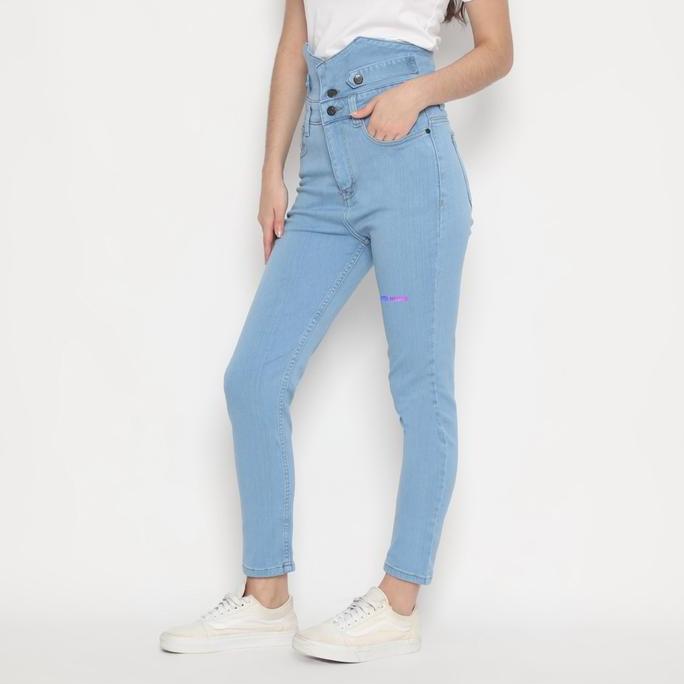 Skinny High Waist Active Celana Panjang Jeans Wanita E01 ALL Blue Cream Hitam Navy  Katun (TERBAIK) 