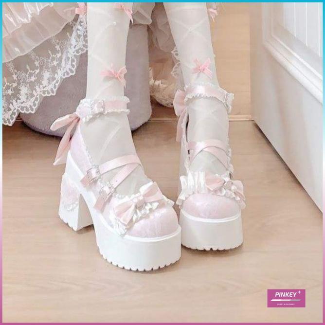 Pinkey P418 Lolita Platform Heels Sepatu Kawaii Renda Pita Pastel Pinkputihu Hak Tinggi 9Cm Sol Teba