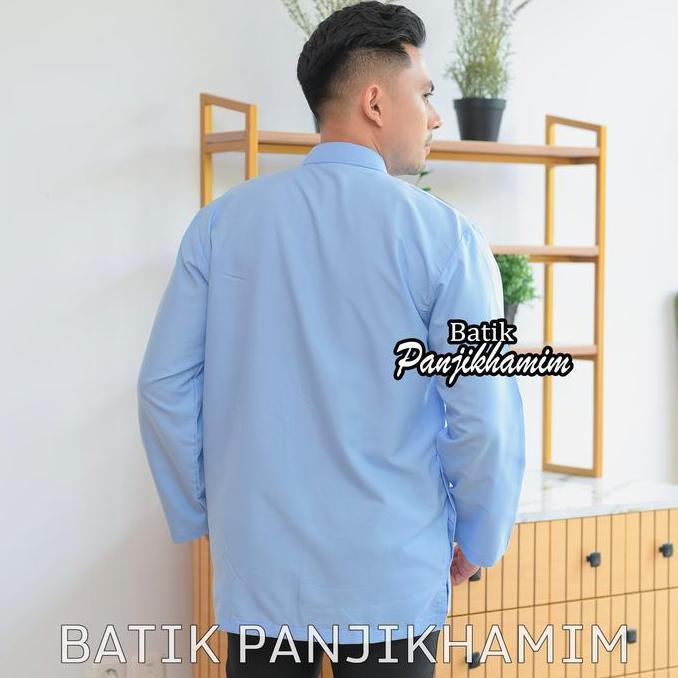 LIFESTYLE Baju Koko Pria Lengan Panjang Bordir Warna Biru Muda Dan Abu Tua Bahan Katun Busana Muslim