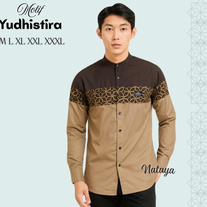 PALING MURAH Baju Koko Pria Lengan Panjang Kombinasi Batik Motif Yudhistira Warna  Hitam Bahan Katun