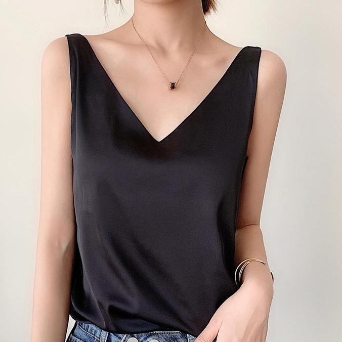 Promo Tank Top atasan satin wanita inner kebaya | size s - xxxl jumbo size | inner satin Hitam Basic