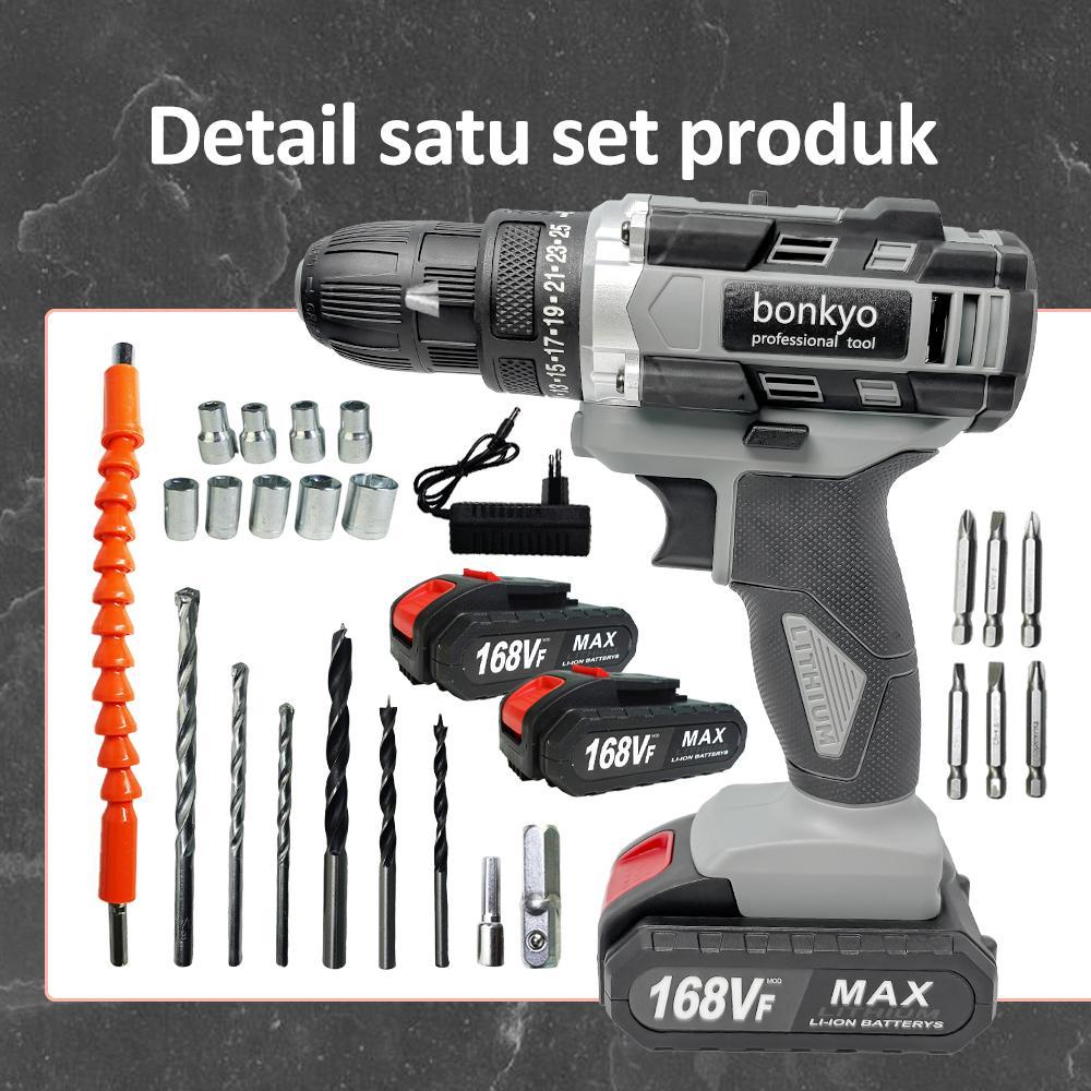 Bonkyo 168Vf Mesin Bor Impact Drill / Bor Baterai /Bor Listrik/Beton Besi Kayu Full  Set Pilihan Bor