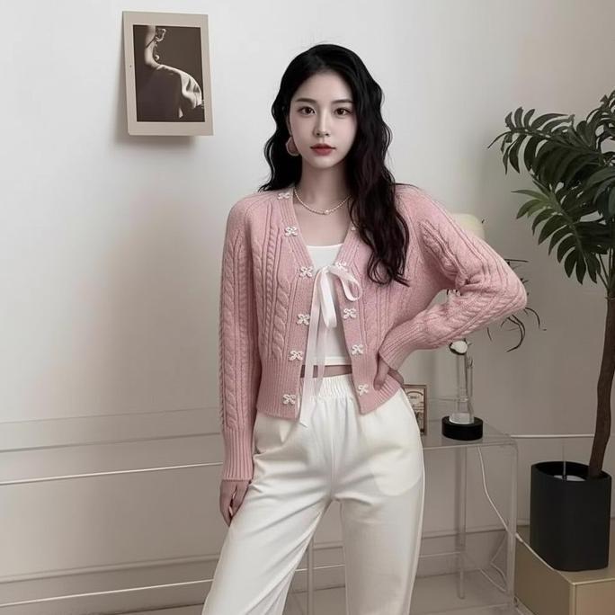 Murah GS - Cardigan Pita Cewe Lucu Cute | Outer Tanpa Kancing Bahan Rajut Tebal | Cardi Korea OOTD N