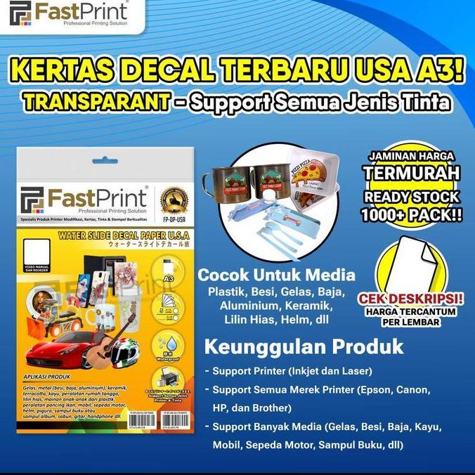 Fast Print Kertas Water Slide Decal Paper USA A3 150 Gram