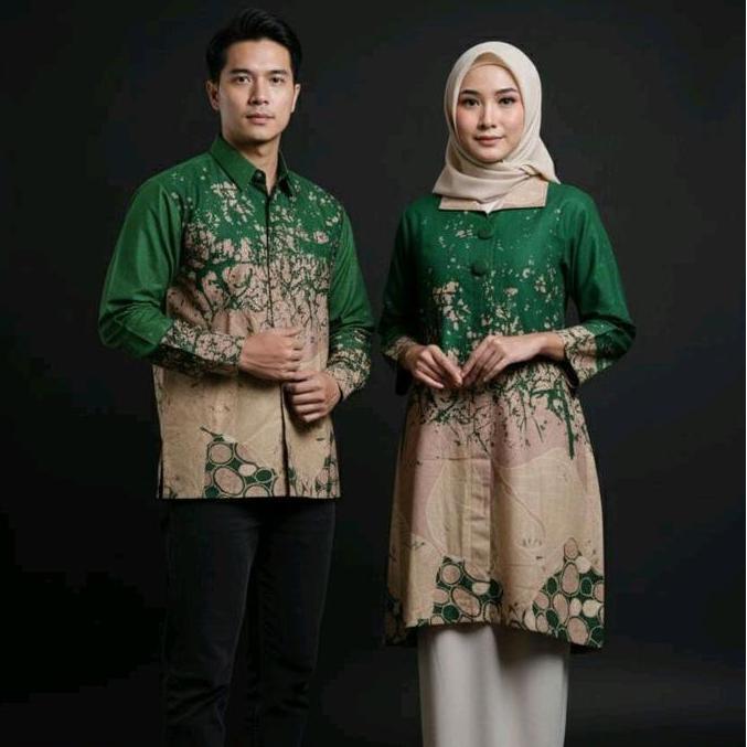BATIK TUNIK WANITA COUPLE BAHAN KATUN SOLO PREMIUM MOTIF TULIP HIJAU BOTOL
