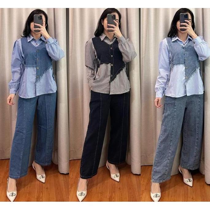 SH - ALIFHIA Oneset Jeans Kombinasi Motif Salur Busui Friendly Wanita Kekinian Dewasa Muslim Gamis A