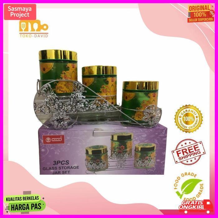 Quality Kb - Toples Kaca Set 3 In 1 + Rak Stainless Steel Motif Print | Toples Set Lebaran Mewah | T