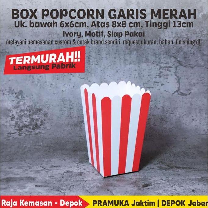 Box Popcorn 8x8x13 cm Bahan Ivory Motif Garis Merah Siap Pakai (isi 100 pcs)